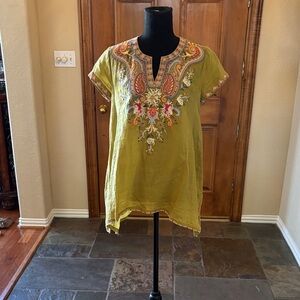 Embroidered Chartreuse Tunic Top by Johnny Was